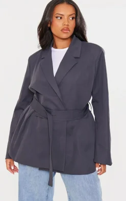 Plus Charcoal Wide Belted Waist Blazer