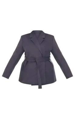 Plus Charcoal Wide Belted Waist Blazer