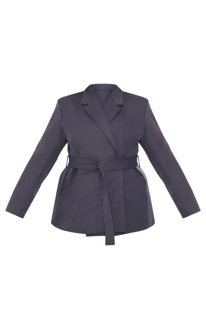 Plus Charcoal Wide Belted Waist Blazer