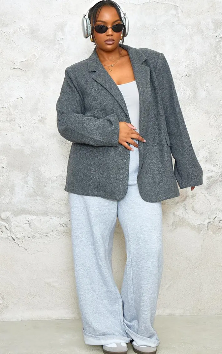 Plus Charcoal Wool Look Brushed Tailored Blazer