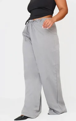 Plus Charcoal Woven Drawstring Waistband Straight Leg Pants