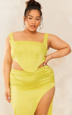 PrettyLittleThing Plus Chartreuse Satin Boned Corset Lime