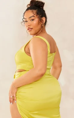 PrettyLittleThing Plus Chartreuse Satin Boned Corset Lime