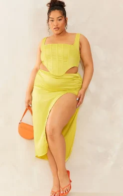 PrettyLittleThing Plus Chartreuse Satin Boned Corset Lime