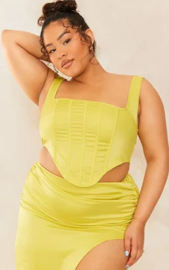 PrettyLittleThing Plus Chartreuse Satin Boned Corset Lime