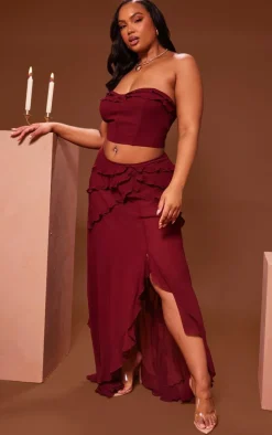 Discount PrettyLittleThing Plus Chiffon Frill Maxi Skirt Cherry Red