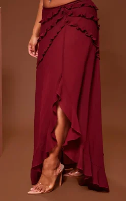 Discount PrettyLittleThing Plus Chiffon Frill Maxi Skirt Cherry Red