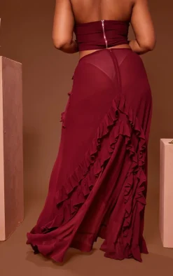 Discount PrettyLittleThing Plus Chiffon Frill Maxi Skirt Cherry Red