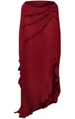 Discount PrettyLittleThing Plus Chiffon Frill Maxi Skirt Cherry Red