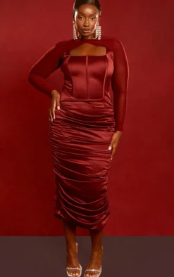 Plus Cherry Red Constructed Satin Mesh Sleeve Ruched Midi Dress-PrettyLittleThing Outlet