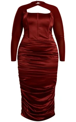 Plus Cherry Red Constructed Satin Mesh Sleeve Ruched Midi Dress-PrettyLittleThing Outlet