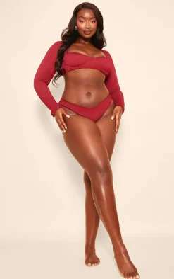 Plus Cherry Red Crinkle High Leg Thong Bikini Bottoms