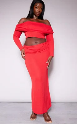 Sale PrettyLittleThing Plus Fold Over Sheer Maxi Skirt Cherry Red