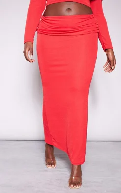 Sale PrettyLittleThing Plus Fold Over Sheer Maxi Skirt Cherry Red