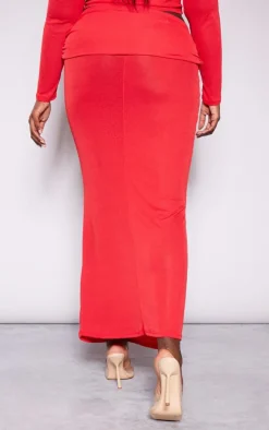 Sale PrettyLittleThing Plus Fold Over Sheer Maxi Skirt Cherry Red