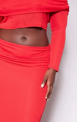 Sale PrettyLittleThing Plus Fold Over Sheer Maxi Skirt Cherry Red