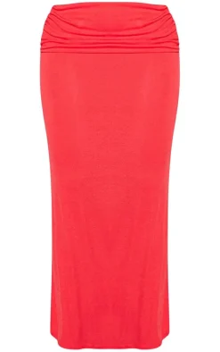 Sale PrettyLittleThing Plus Fold Over Sheer Maxi Skirt Cherry Red