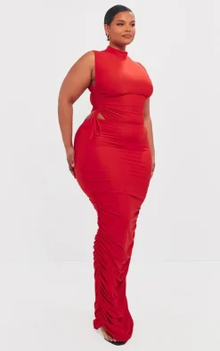 PrettyLittleThing Plus High Neck Sleeveless Slinky Bodysuit Cherry Red