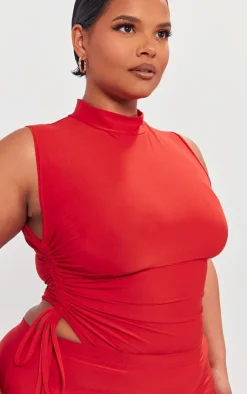 PrettyLittleThing Plus High Neck Sleeveless Slinky Bodysuit Cherry Red