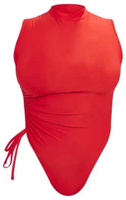 PrettyLittleThing Plus High Neck Sleeveless Slinky Bodysuit Cherry Red