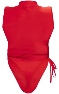 PrettyLittleThing Plus High Neck Sleeveless Slinky Bodysuit Cherry Red