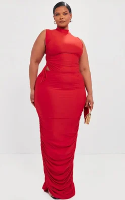 Sale PrettyLittleThing Plus Ruched Side Slinky Maxi Skirt Cherry Red