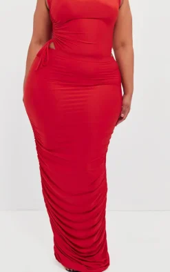Sale PrettyLittleThing Plus Ruched Side Slinky Maxi Skirt Cherry Red