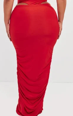 Sale PrettyLittleThing Plus Ruched Side Slinky Maxi Skirt Cherry Red
