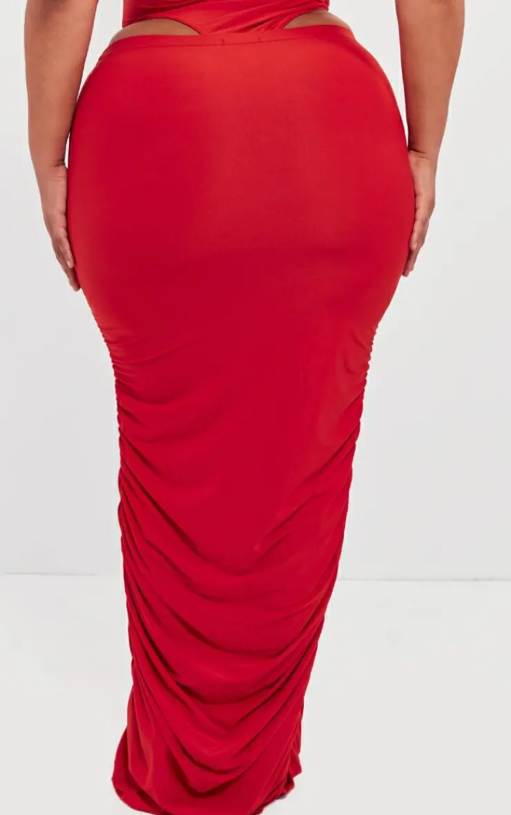 Sale PrettyLittleThing Plus Ruched Side Slinky Maxi Skirt Cherry Red