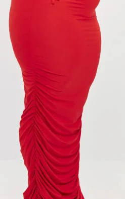 Sale PrettyLittleThing Plus Ruched Side Slinky Maxi Skirt Cherry Red