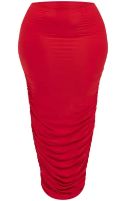 Sale PrettyLittleThing Plus Ruched Side Slinky Maxi Skirt Cherry Red