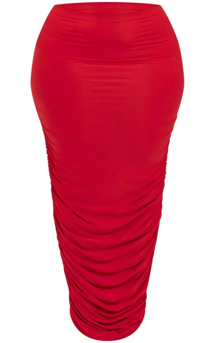 Sale PrettyLittleThing Plus Ruched Side Slinky Maxi Skirt Cherry Red