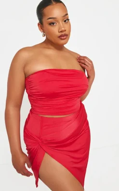 Outlet PrettyLittleThing Plus Slinky Ruched Bandeau Top Cherry Red