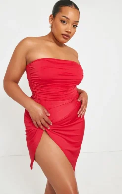 Discount PrettyLittleThing Plus Slinky Split Leg Mini Skirt Cherry Red