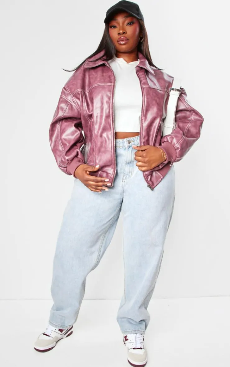 PrettyLittleThing Bomber Jackets*Plus Stitch Detail Washed Faux Leather Bomber Jacket