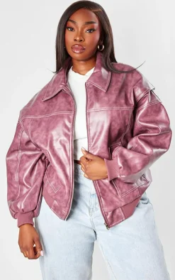 PrettyLittleThing Bomber Jackets*Plus Stitch Detail Washed Faux Leather Bomber Jacket