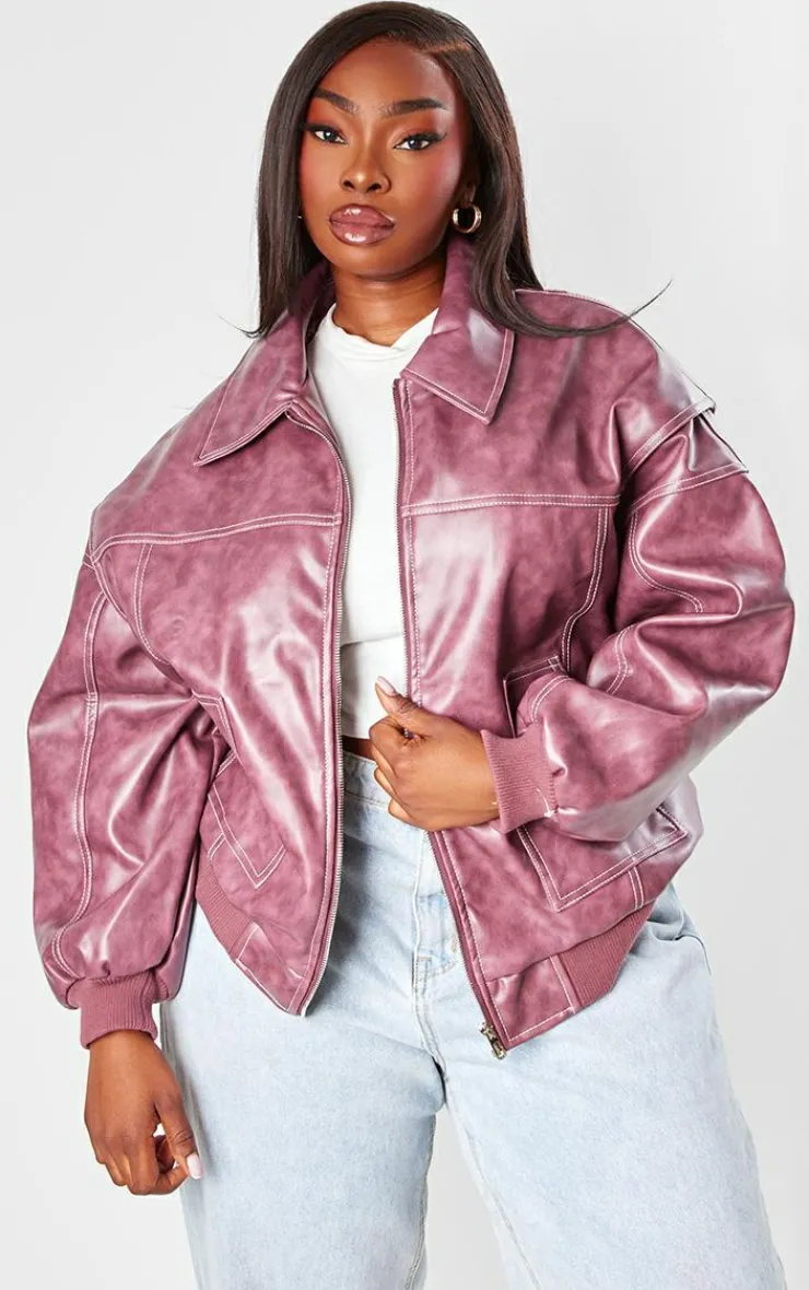 PrettyLittleThing Bomber Jackets*Plus Stitch Detail Washed Faux Leather Bomber Jacket