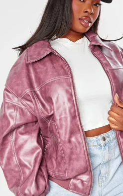 PrettyLittleThing Bomber Jackets*Plus Stitch Detail Washed Faux Leather Bomber Jacket