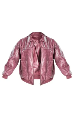 PrettyLittleThing Bomber Jackets*Plus Stitch Detail Washed Faux Leather Bomber Jacket