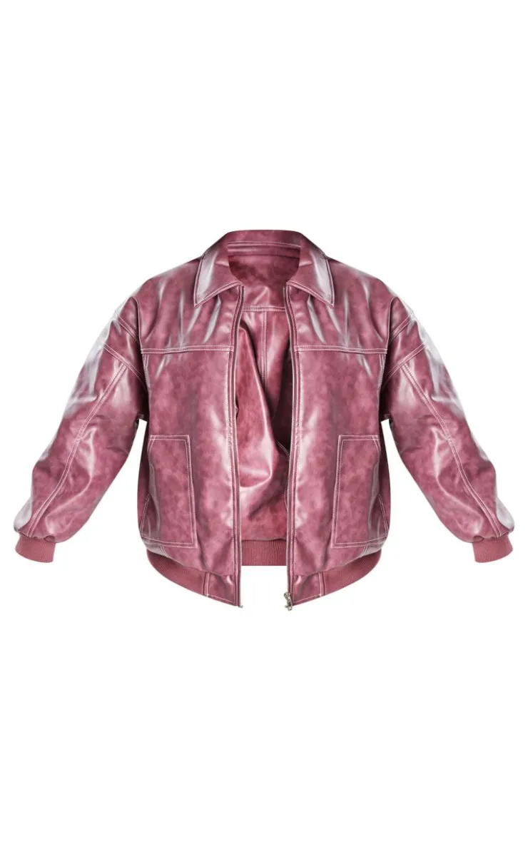 PrettyLittleThing Bomber Jackets*Plus Stitch Detail Washed Faux Leather Bomber Jacket