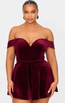Plus Velvet Bardot Sweetheart Neckline Floaty Romper-PrettyLittleThing Best