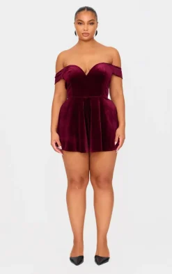 Plus Velvet Bardot Sweetheart Neckline Floaty Romper-PrettyLittleThing Best
