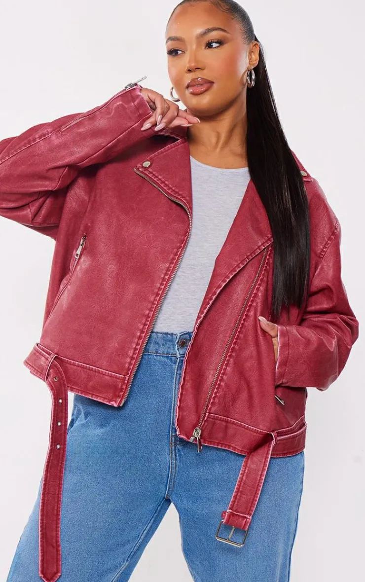 PrettyLittleThing Faux Leather Jackets*Plus Vintage Faux Leather Oversized Zip Up Biker Jacket
