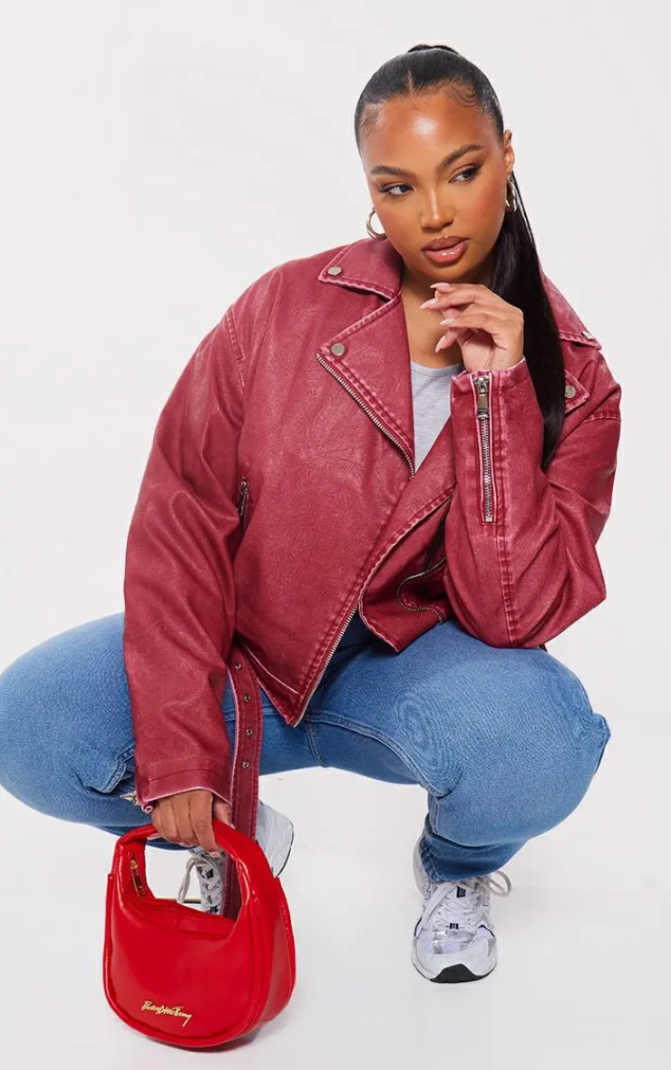 PrettyLittleThing Faux Leather Jackets*Plus Vintage Faux Leather Oversized Zip Up Biker Jacket