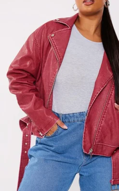 PrettyLittleThing Faux Leather Jackets*Plus Vintage Faux Leather Oversized Zip Up Biker Jacket
