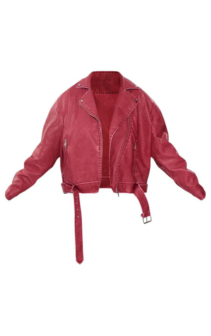 PrettyLittleThing Faux Leather Jackets*Plus Vintage Faux Leather Oversized Zip Up Biker Jacket