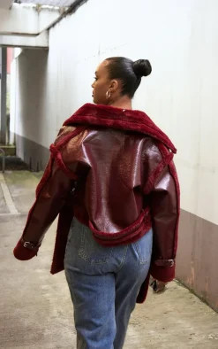 PrettyLittleThing Faux Fur Coats*Plus Vinyl Faux Fur Trim Tie Waist Cropped Coat