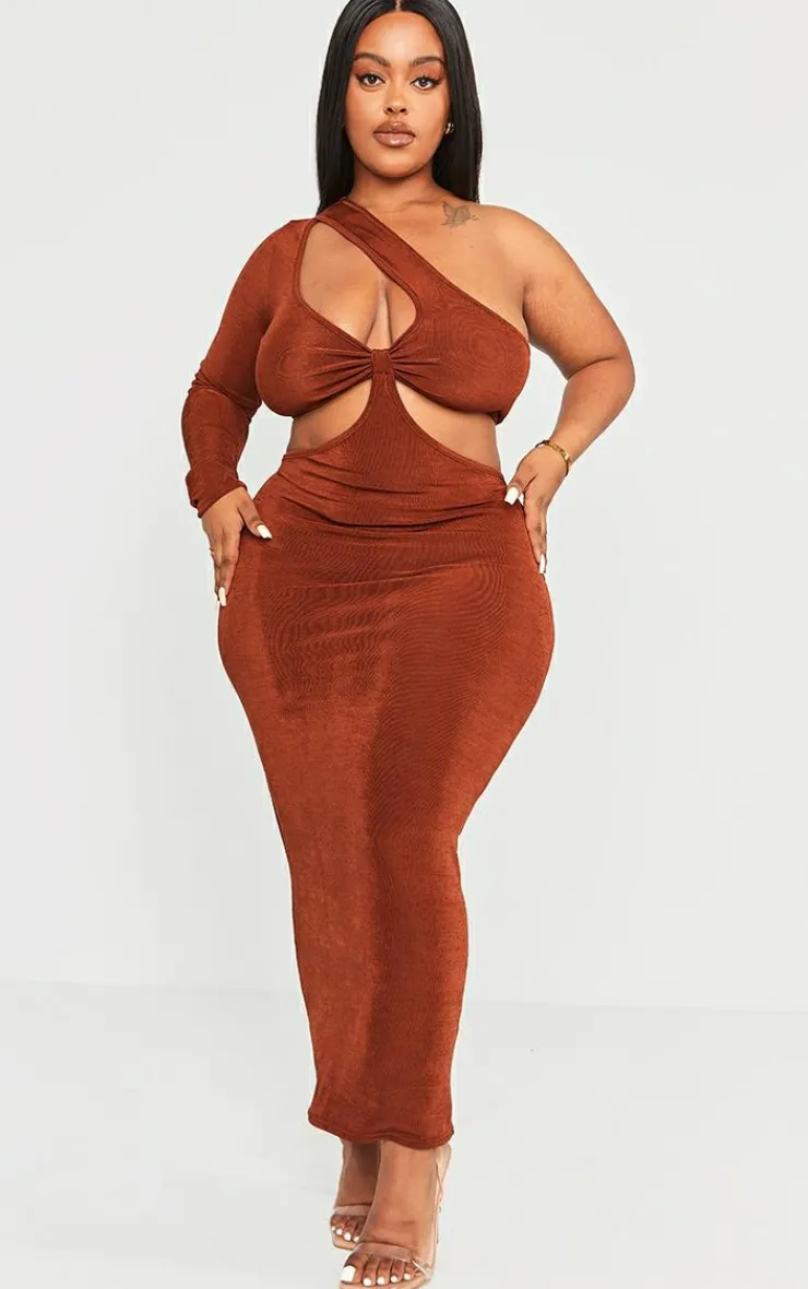 Plus Chocolate Acetate Slinky Cut Out Maxi Dress-PrettyLittleThing Hot