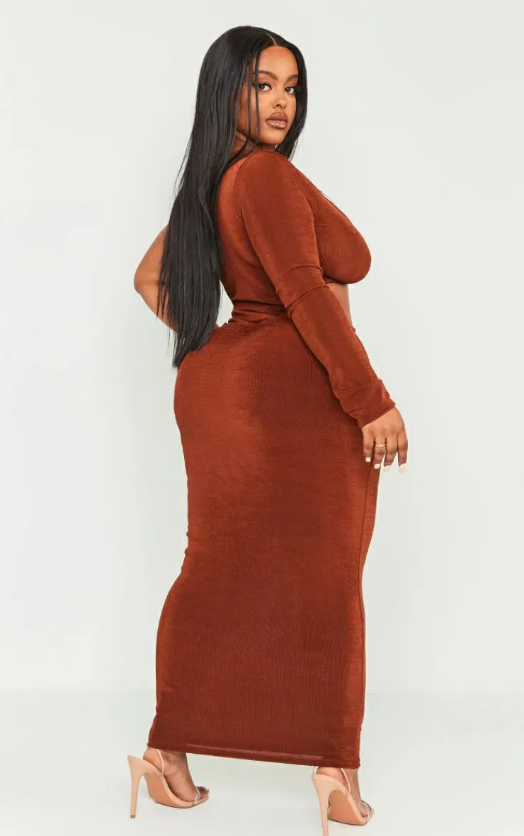 Plus Chocolate Acetate Slinky Cut Out Maxi Dress-PrettyLittleThing Hot