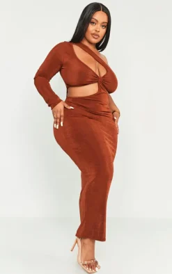 Plus Chocolate Acetate Slinky Cut Out Maxi Dress-PrettyLittleThing Hot